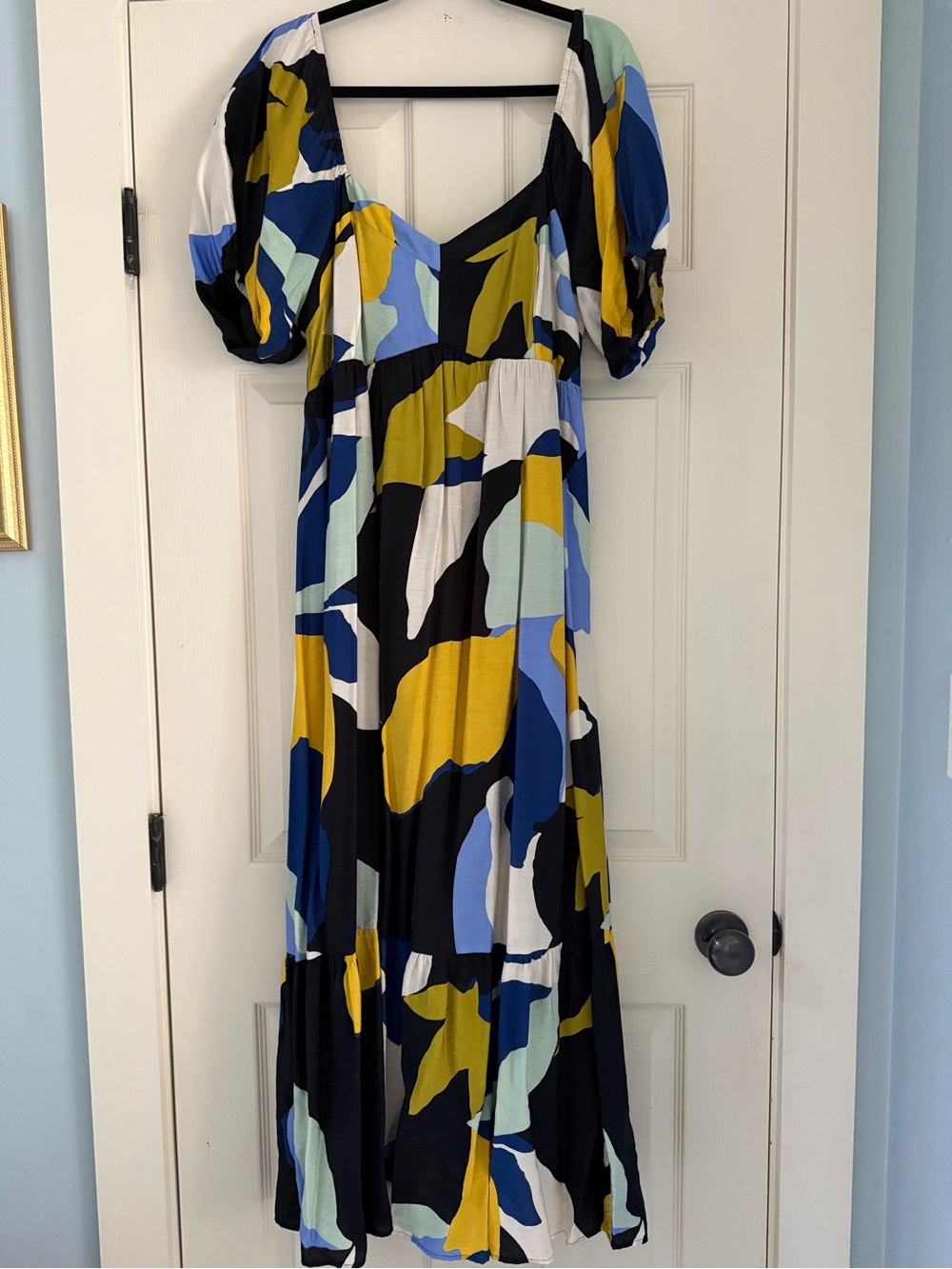 Nine West Multicolor Abstract Maxi Dress in Black, Blue & Yellow